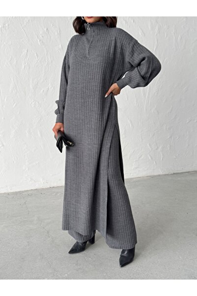 BEJNA Women's Zippered Collar Maxi Dress Pants Two-Piece Knitwear Set