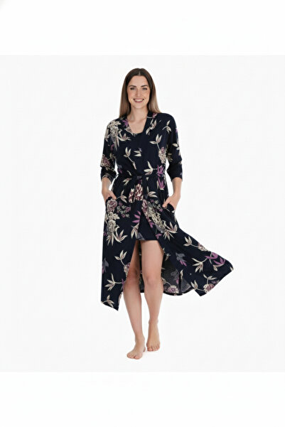 ASN concept Navy Blue Floral Patterned Dressing Gown (with Plus Size Option)