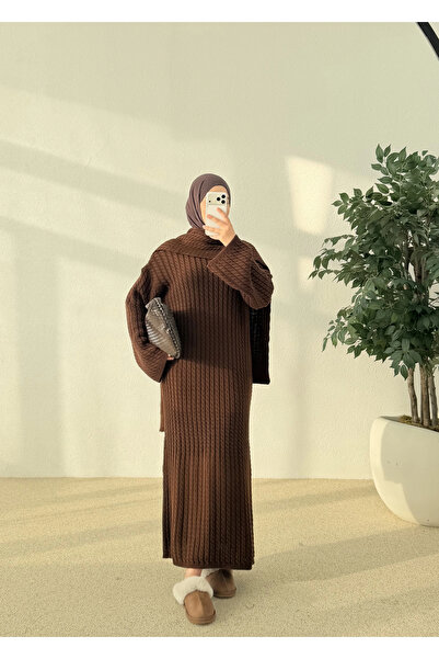 MODA AKSA Örgülü atkılı elbise kahve