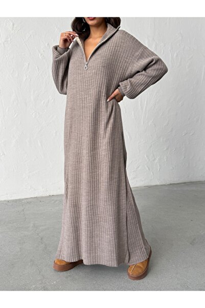 BEJNA Women's Zippered Collar Maxi Dress Pants Two-Piece Knitwear Set