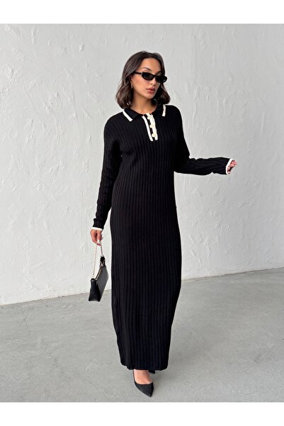 BEJNA Women's Stylish Buttoned Polo Neck Long Knit Dress
