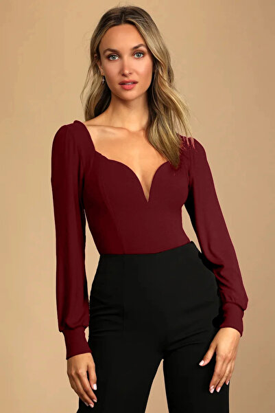 MetuCA Kadın Bordo Çift Katlı Sandy Kumaş Kalp Yaka Uzun Kol Çıtçıtlı Tanga Bodysuit