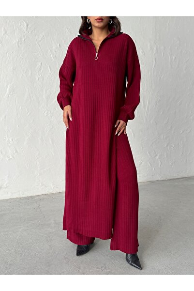 BEJNA Women's Zippered Collar Maxi Dress Pants Two-Piece Knitwear Set