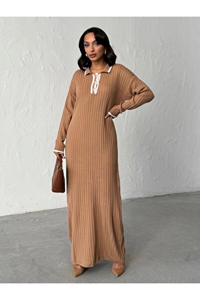BEJNA Γυναικείο κομψό μακρύ πλεκτό φόρεμα με γιακά πόλο με κουμπιά