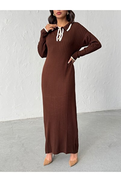 BEJNA Γυναικείο κομψό μακρύ πλεκτό φόρεμα με γιακά πόλο με κουμπιά