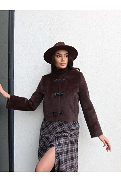 ESRAHELVACI Leather Buckle Detail Wool Textured Short Coat