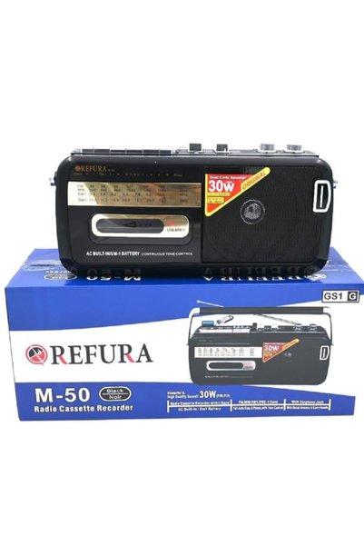 REFURA مسجل كاسيت راديو بقوة ٣٠ واط، أسود | يعمل بالبطارية | منفذ USB / FM / نطاق SW1 / مقبس سماعة رأس RE-M50