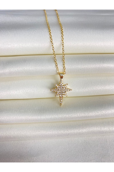 Furtek Aksesuar Women's North Star Model Steel Gold Necklace Minimal Zircon Stone Minimal