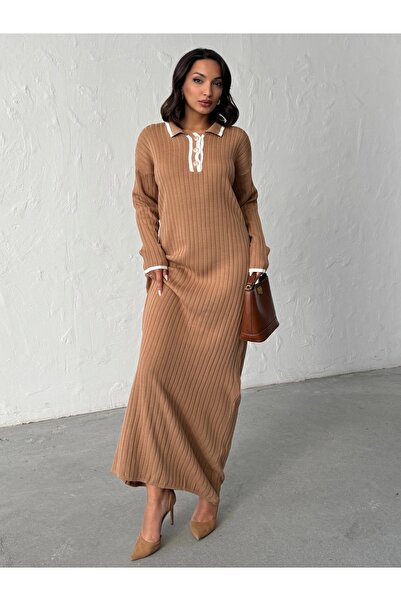 BEJNA Γυναικείο κομψό μακρύ πλεκτό φόρεμα με γιακά πόλο με κουμπιά