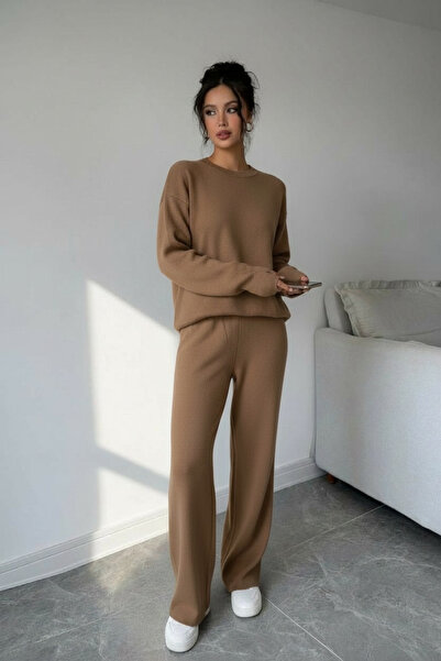 NEWCO Finger-Through Acrylic Textured Oversized Knitwear Two-Piece Set Wide-Leg Pants