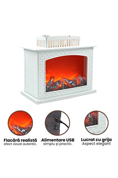 OEM Decorative Fireplace with Flame Simulation, 21.5 x 21cm, Vintage, Mains and Battery Powered, White
