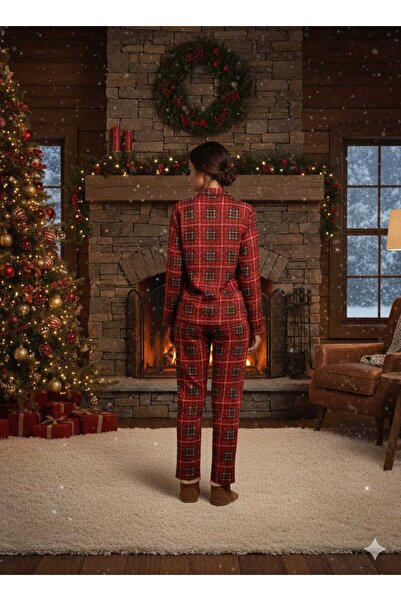 Sude HOMEWEAR Women's Pajama Set Red Plaid Suede Front Buttoned Bottom Top Set