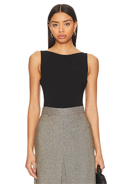 MetuCA Women's Black Double Layer Sandy Fabric Boat Neck Snap Thong Bodysuit