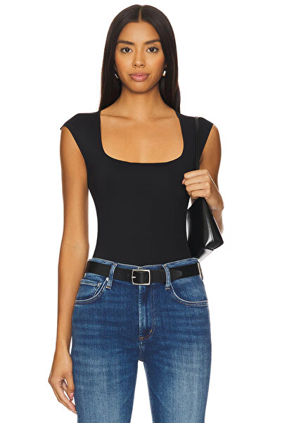 MetuCA Women's Black Sandy Fabric Square Neck Short Sleeve Snap Thong Bodysuit