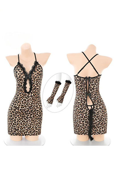 JInsh Adorable Women’s Leopard Print Sleep Dress Hollow Lace V Neck Cross Str...