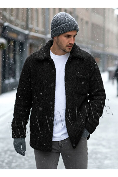 Millionaire Men's Black Faux Lamb Fur Plush Shirt Collar Model Buttoned Jacket Cardigan Coat Sweatshirt Fleece