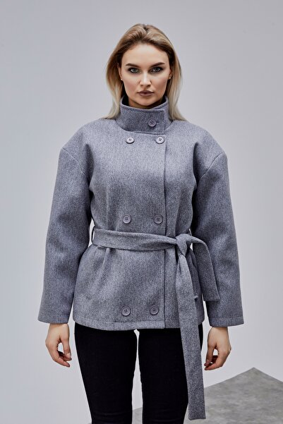 Bolivente Carvella Gray Mock Neck Belted Cashmere Jacket