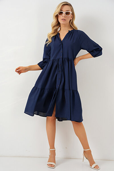 Modamorfo Women's Button Short Sleeve Dress 2559 - Navy Blue