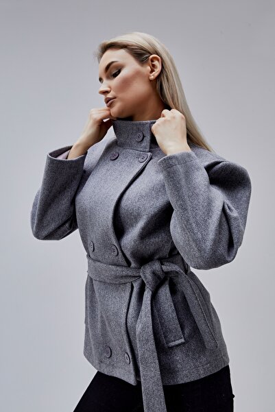 Bolivente Carvella Gray Mock Neck Belted Cashmere Jacket