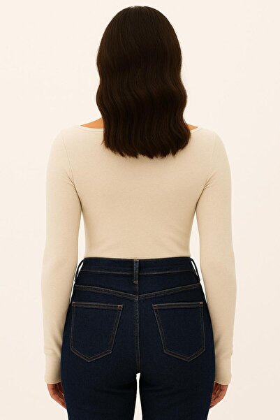 Hayalet Soft Textured Cotton Woven Long Sleeve Princess Boat Neck Finger-Looped Bodysuit Modal T-Shirt