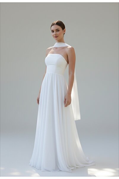 ENDAMIM Wedding Engagement Evening Dress Outerwear Dress Strapless Shawl Detail, Flared Chiffon Wedding Dress