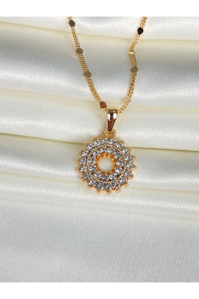 Furtek Aksesuar Women's Double Row Zircon Stone Ring Necklace Steel Plated Rose Gold Minimal Model