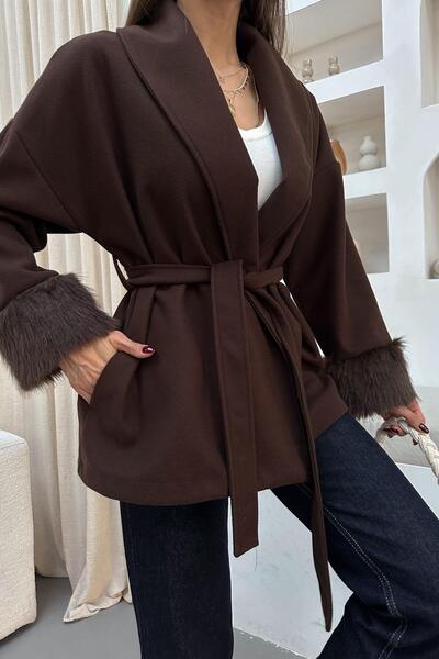 mylove Coat with Fur Detail on the Sleeves and Belt, Brown