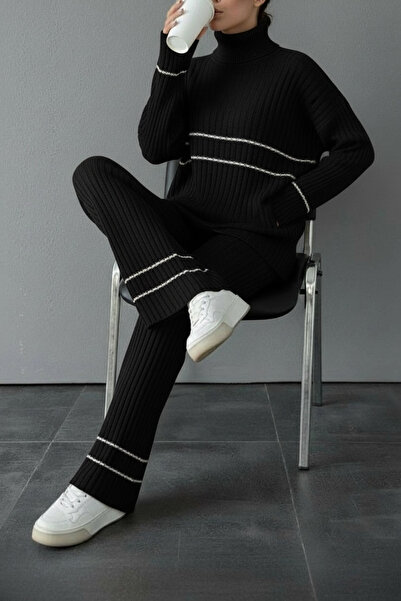 NEWCO Ecru Stripe Detailed Fisherman's Turtleneck Corded Fabric Knitwear Two-Piece Set Comfortable Fit