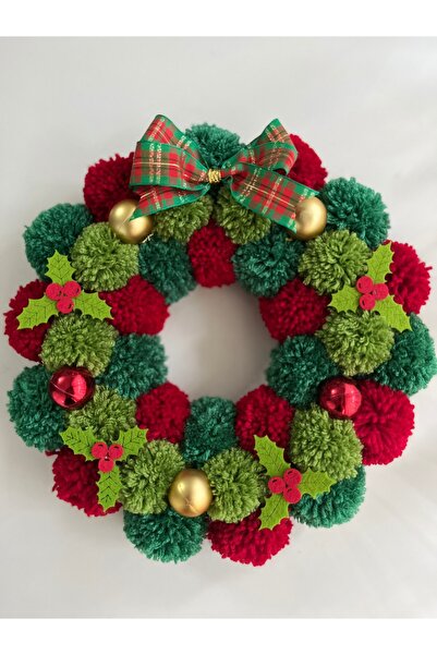 Chuva Kapı süsü ponponlu yılbaşı temalı kareli kurdele 30cm *30 cm kokina çiçekli