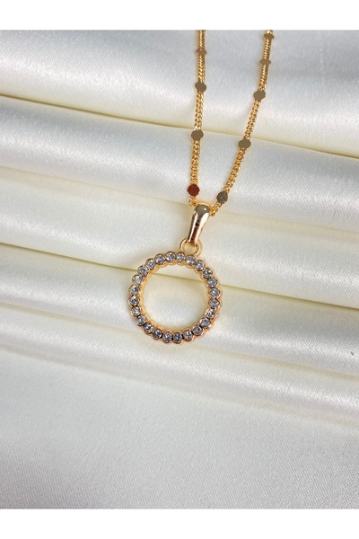 Furtek Aksesuar Women's Round Ring Necklace Steel Plated Rose Gold Zircon Stone Minimal Model