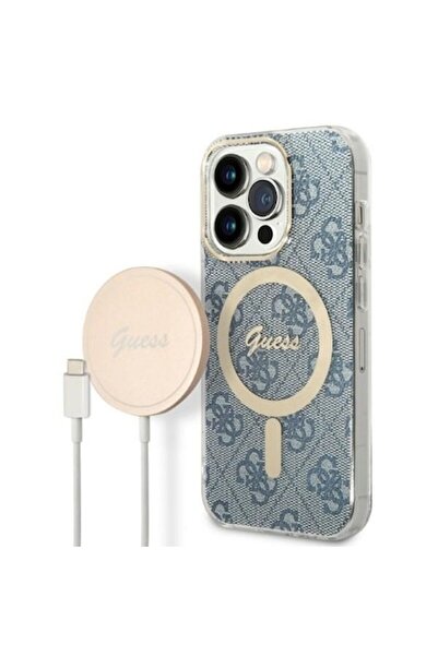 Guess 4G Print MagSafe Protective Case with Wireless Charger for iPhone 14 Pro Max, Blue