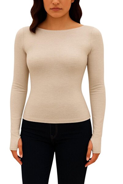 Hayalet Soft Textured Cotton Woven Long Sleeve Princess Boat Neck Finger-Looped Bodysuit Modal T-Shirt