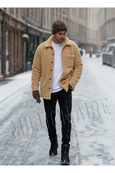 Millionaire Men's Camel Faux Lamb Fur Plush Shirt Collar Model Buttoned Jacket Cardigan Coat Sweatshirt Fleece