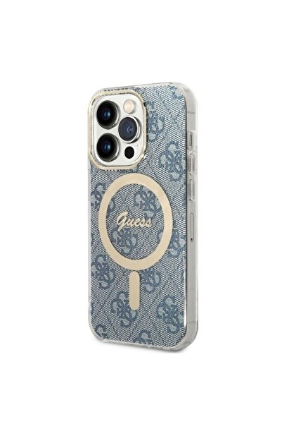 Guess 4G Print MagSafe Protective Case with Wireless Charger for iPhone 14 Pro Max, Blue