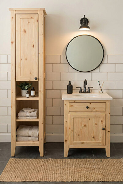 AdnDesing Banyo Dolabı Seti-Ayaklı Tek Kapaklı-Doğal Ahşap Ladin Çam- 60 Cm Alt Dolap-50 Cm Aynalı- Boy Dolabı