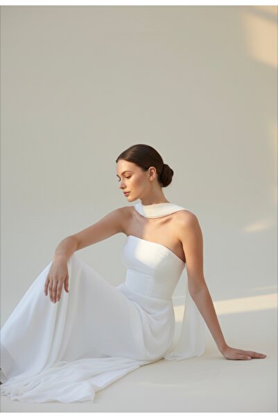 ENDAMIM Wedding Engagement Evening Dress Outerwear Dress Strapless Shawl Detail, Flared Chiffon Wedding Dress