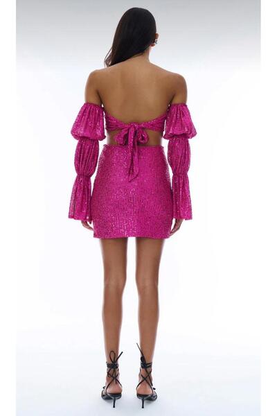 Quzu Flame Sequined Cut Out Detailed Evening & Party & New Year & after Dress