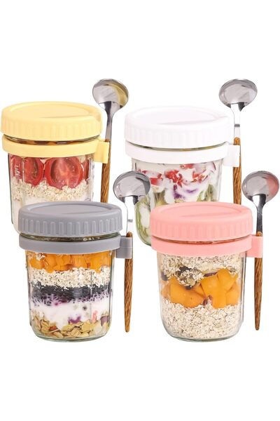genernic Necomi Overnight Oats Containers with Lid and Spoon, 4 Pack 350ML Glass Meal Prep Jars