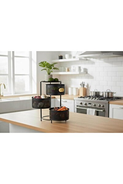 METALAY 3 Katlı Yana Açılır Siyah Patates Soğan Sepeti Sebze Meyve Sepeti Seb...