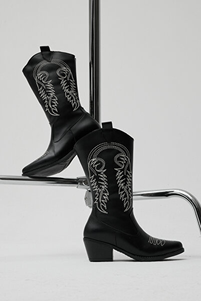 Tonny Black Women's Black and White Thermo Sole Embroidered Zippered Heeled Western Cowboy Boots