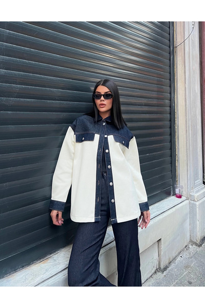 cemo Denim Detaylı Renk Bloklu Oversize Gömlek Ceket