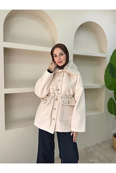 lurex moda Fur Collar Stamped Coat