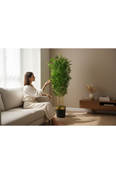 ERHAN FLOWERS Yapay bambu ağaç 170 cm 6 dallı yogun yaprak siyah gold saksı