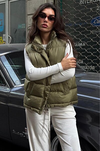 Madmext Green Mock Neck Lined Women's Puffer Vest Mg2592