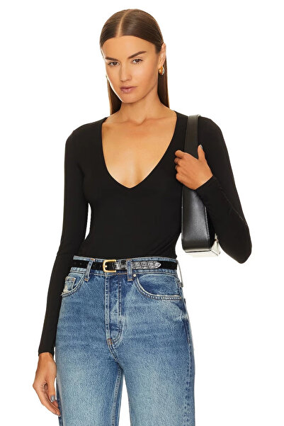 MetuCA Women's Black Double Layered Sandy Fabric V Neck Long Sleeve Snap Thon...