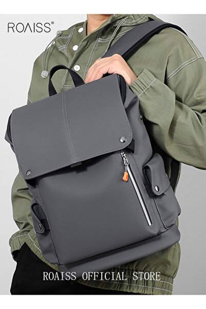 ROAISS Functional PU Leather Backpack Large Capacity Short Distance Travel Solid Color Design Workwear Styl