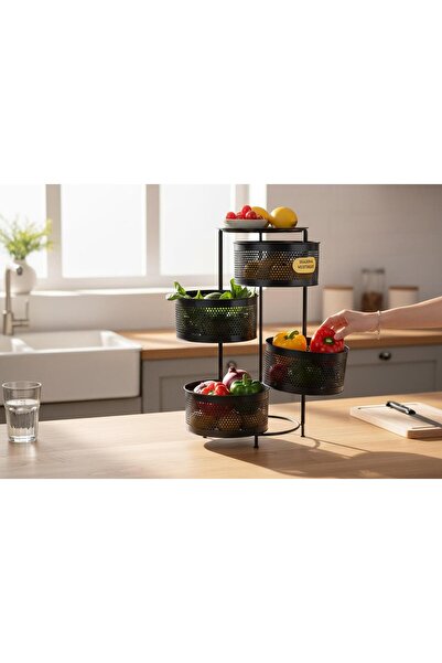 METALAY 4 Katlı Yana Açılır Siyah Patates Soğan Sepeti Sebze Meyve Sepeti Seb...