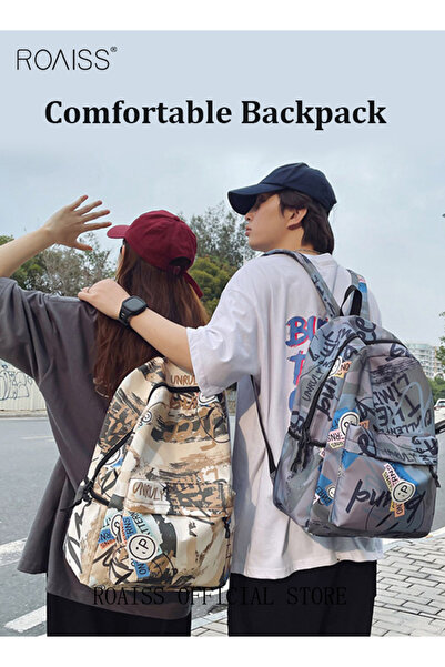 ROAISS Unisex Backpack, Stylish Graffiti-Style Design, Large Capacity Durable Construction, Smooth Zippers