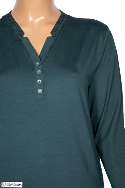 Pıtırcık Cimariva Women's Neval Plus Size V Neck Stone Dark Turquoise Blouse