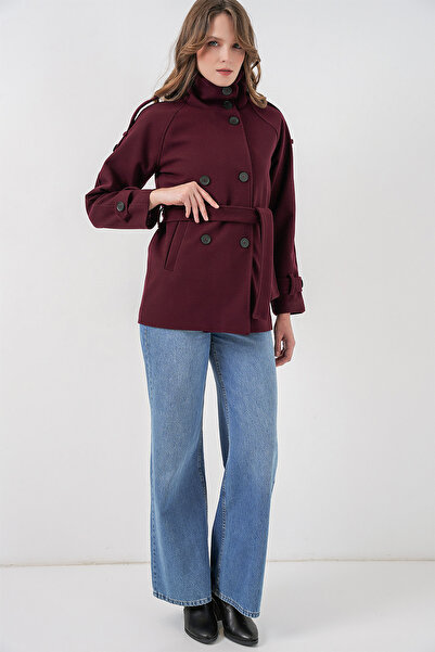 Modamorfo Women's Belted Cashmere Coat 9162 - Burgundy